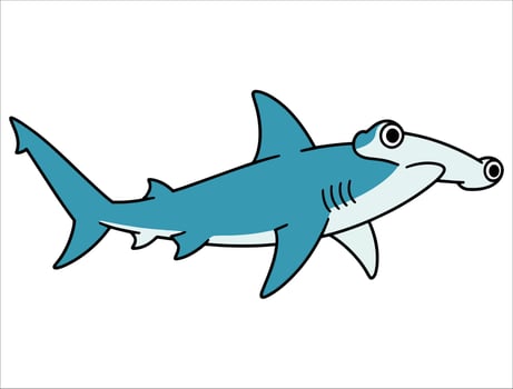Hammerhead shark cartoon illustration, cute flat underwater sea animal icon on white, ideal for marine world and ocean themed designs vector