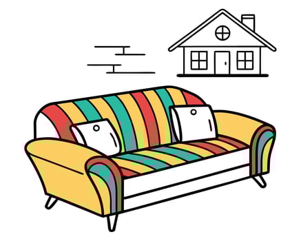 Colorful cartoon illustration of a cozy sofa with pillows and a house symbolizing home comfort. vector