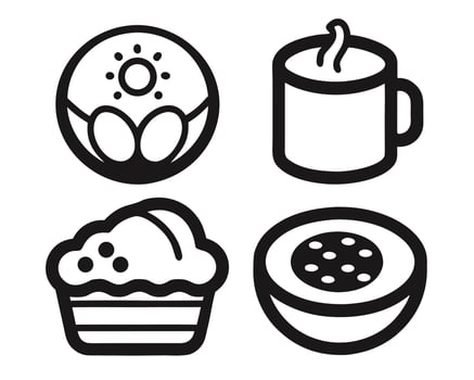Four simple icon illustrations featuring a donut coffee cup muffin and a bowl of fruit vector