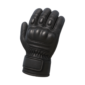 Black leather glove with padded knuckles and adjustable strap png