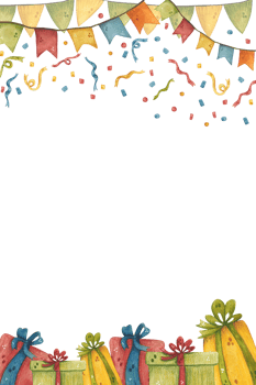 Happy birthday card At the top there are garlands and confetti, at the bottom there are boxes with gifts png