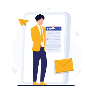 Mail Updates Email Businessman checking email on mobile phone. illustration in flat style vector