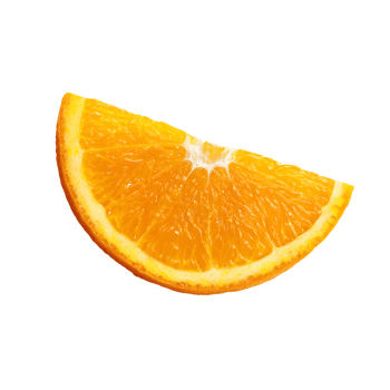 Fresh orange segment displayed on a transparent background, highlighting its juicy texture and vibrant color. png