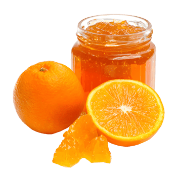 A jar of homemade orange marmalade with a glossy texture, placed on a transparent background, highlighting its rich color and chunky bits of orange peel. png