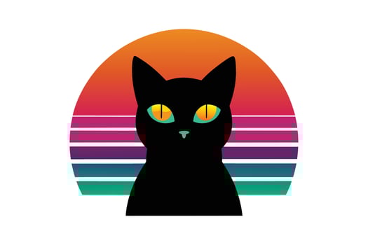 A black cat with yellow eyes is in front of a colorful background vector