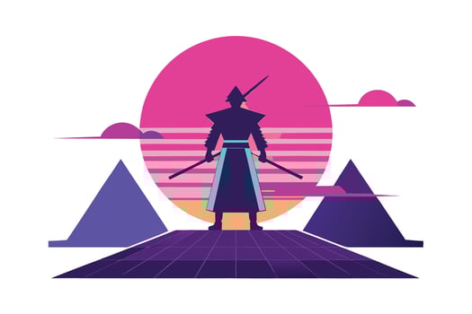Vaporwave Samurai on Rooftop Design with Retro Aesthetic vector