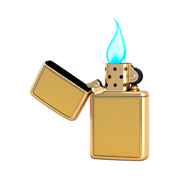 Gold lighter with blue flame, open. png