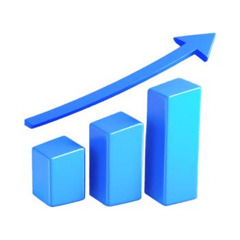 3D blue bar graph with upward arrow, showing growth and success. png