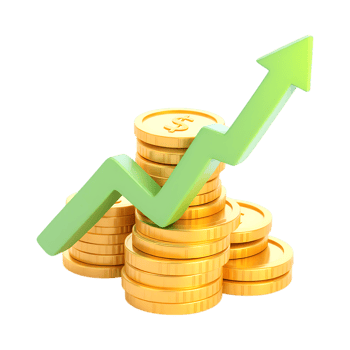 Growing gold coins with upward arrow. Financial success, wealth, and investment growth concept. png