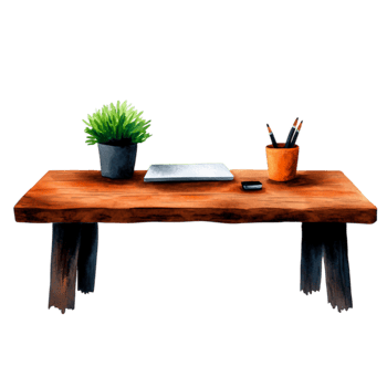 Rustic Wooden Desk With Green Plant, Tablet, and Office Supplies png