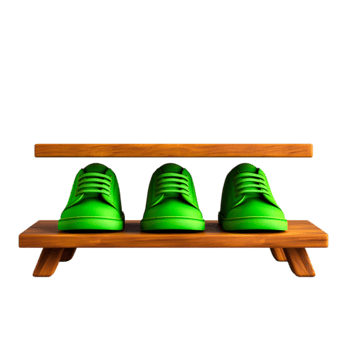 Stylish Green Sneakers on Modern Wooden Shelf with Clean Lines and Minimalist Design png