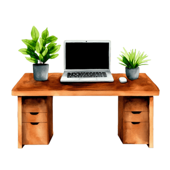 Modern office desk with laptop and potted plants minimalistic workspace png