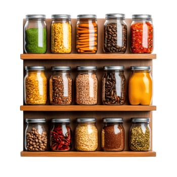 Colorful assortment of dry goods in glass jars displayed wooden shelf design png