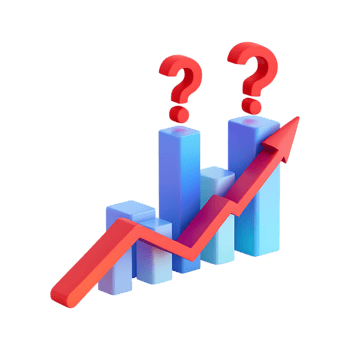 Rising graph with question marks, growth uncertainty concept png