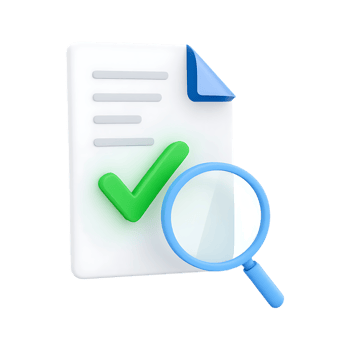 3D illustration of document check and magnifying glass. png