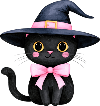 Cute Black Cat Wearing Witch Hat and Pink Bow Transparent background Isolate png