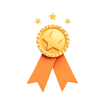 Gold medal award with orange ribbon and stars. png