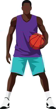 Basketball player holding ball in purple jersey and turquoise shorts illustration of athletic male athlete on white background vector