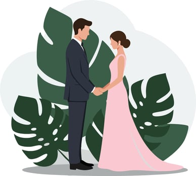 Bride and groom holding hands with tropical leaves background wedding ceremony illustration vector