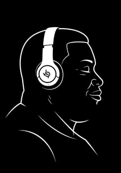 Man with Headphones, Black Background, and . vector