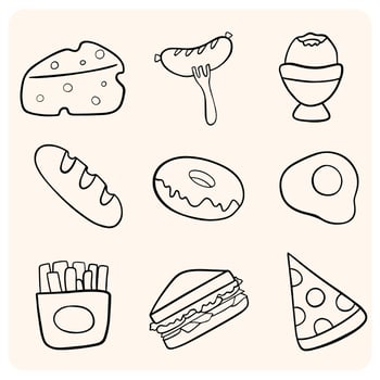 Hand-Drawn Food Doodle Icons Breakfast, Snacks and Meals vector