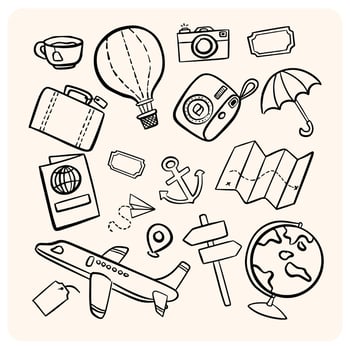 Hand-Drawn Travel and Adventure Doodle Icon Set vector