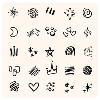Whimsical Hand Drawn Doodles Stars, Hearts, Moons and Abstract Textures vector