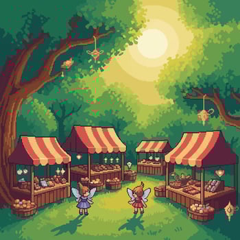 Enchanting pixel art fantasy market with fairy vendors and goods under forest canopy. vector