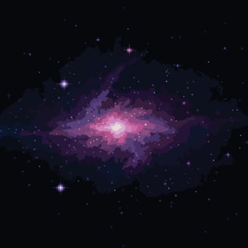 A glowing purple and pink spiral galaxy rendered in a retro 8-bit pixel art style. vector