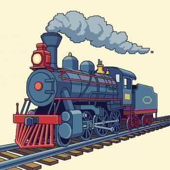 Vintage Pixel Art Steam Locomotive Train on Tracks with Smoke. vector
