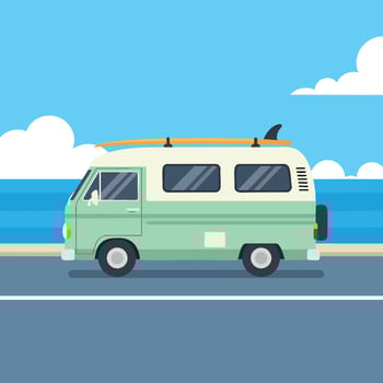 Classic two-tone green camper van with a surfboard on the roof rack parked by the ocean. vector