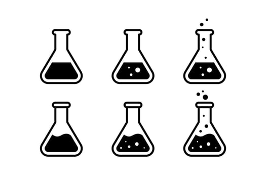 Chemical flask icon. Erlenmeyer flask with liquid icon. Chemistry flask with bubbles icon. Chemical laboratory icon set. vector