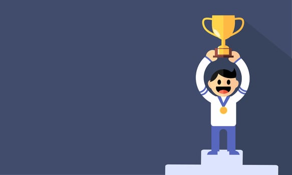 flat design illustration depicts a male champion holding a trophy aloft on a podium, wearing a medal around his neck. vector
