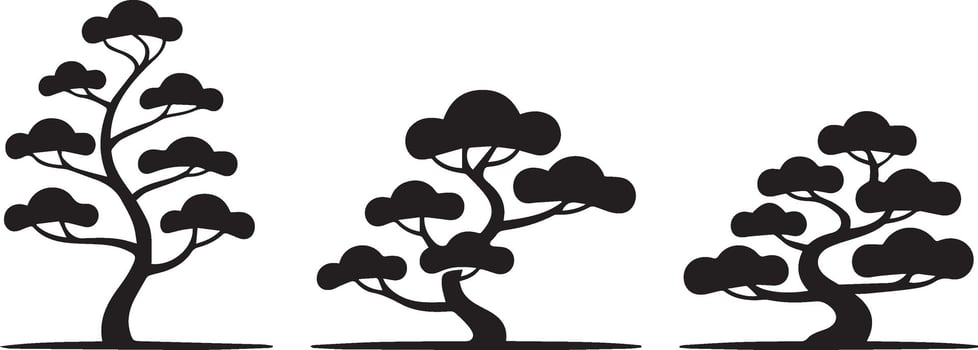 A set of three stylized black bonsai tree silhouettes. Minimalist illustration for graphic design. vector