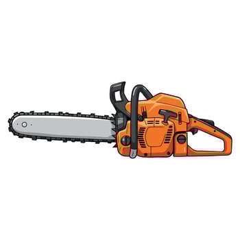Orange chainsaw illustration with detailed blade and handle. vector