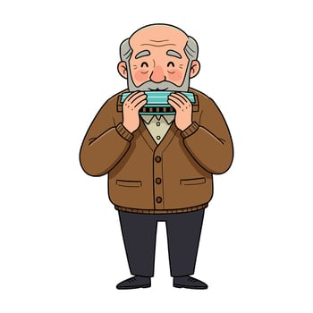 Elderly caucasian male playing harmonica in brown sweater cartoon style. vector