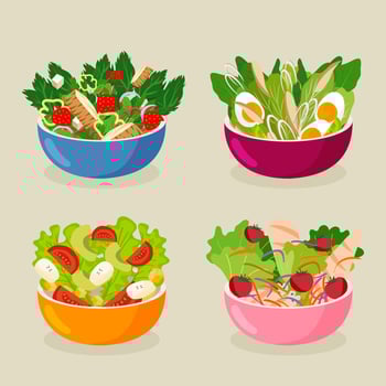 Colorful salad bowls with fresh ingredients vector