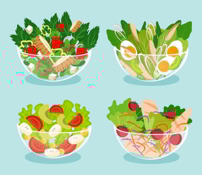 Four colorful bowls of fresh salads vector
