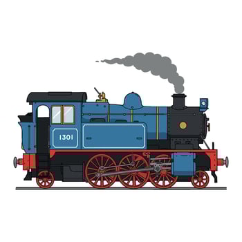 Vintage blue steam locomotive with red wheels and smoke. vector
