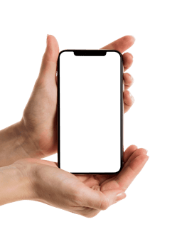 Mobile phone holding in two hands. Smartphone with white blank screen png
