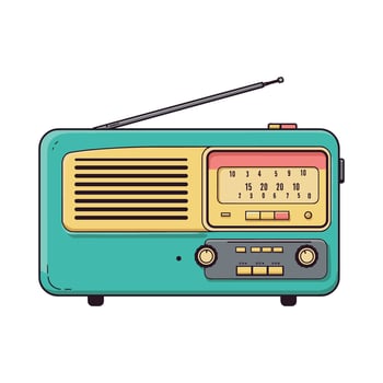 Vintage retro radio with antenna and tuning dial in blue and yellow design. vector