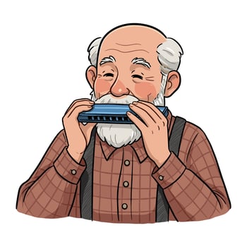 Elderly caucasian male enjoying playing a harmonica with joyful expression. vector