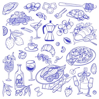 Hand drawn Italian cuisine collection. Mediterranean food and drink ink doodle elements. Italy dinner table meal in trendy vintage style set. Seafood, pasta, vegetables and wine. illustration vector