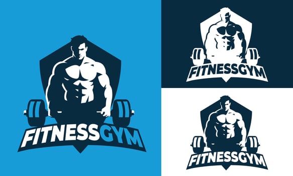 Minimalist 2D gym logo with a muscular man silhouette and barbell in the background. Dark blue, light blue, and white colors. Ideal for fitness, bodybuilding, and personal training brands. vector