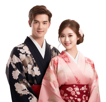 Male and Female Couple Wearing Kimono Isolated on Transparent Background png