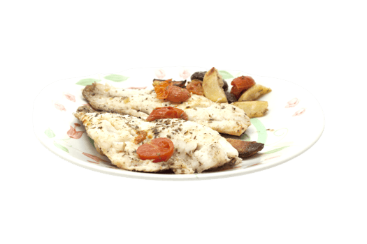 Grilled fish fillets with roasted vegetables on transparent background png