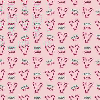 A charming and festive seamless pattern featuring repeating red and white candy canes forming heart shapes vector