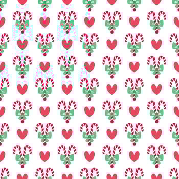 A festive and heartwarming seamless pattern featuring red candy canes with green bows and cute red hearts vector