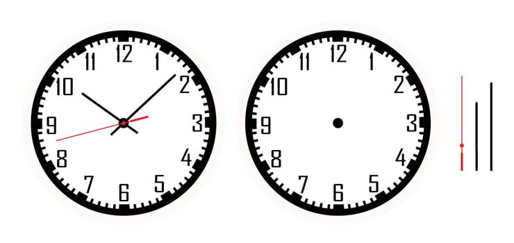 Realistic simple minimalist round hanging wall clock isolated with classic dial, hour and minute pointers, simple modern design, isolated on white background ideal for office home or infographic use. vector