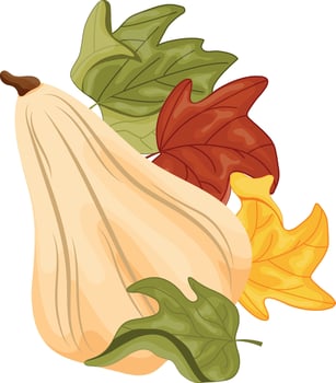 Simple flat style icon with a long white pumpkin and colorful autumn leaves next to it, for autumn designs, cards or packaging vector